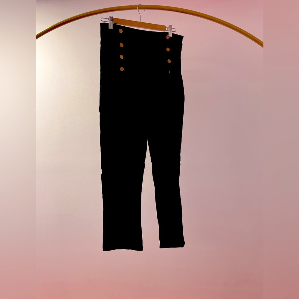 High waist black “velvet” pants gold buttons